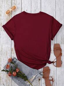 Imprimare cu litere la modă și la modă, tricou casual pentru femei - Burgundia - Vizualizare 2