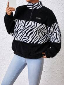SHEIN EZwear Women's Sweatshirt With Color Block, Zebra Pattern Patch And Fleece Details,Long Sleeve Tops - Black - View 3