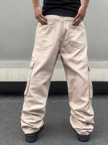 Manfinity Roghcode Men's Solid Color Cargo Jeans Oversize Long Washed Jean Plain Khaki Party Street Wear Rapper, Khaki Cargo Pants, Baggy Cargo Pants, Cargo Pants, Men Cargo Pants, Men Khaki Pants - Khaki - View 2
