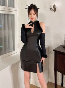 EastFlair 中国风拼布毛绒边饰开衩下摆连衣裙 - 黑色 - 查看 4