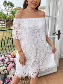 SHEIN Clasi Plus Size Elegant Lace Off Shoulder Wedding Dress Guest Dress - White - View 5