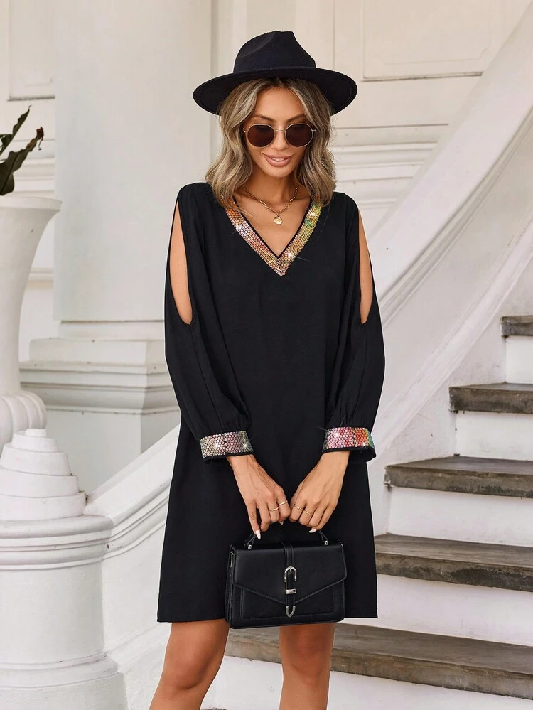 Women'S Colorblock Sequin Detail V-Neckline Hollow Out Sleeve Bodycon Dress