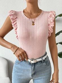 Chiquease Women Knit Tops Ruffle Rib-Knit Plain Casual - Dusty Pink - View 5