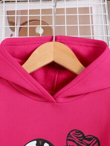 Young Girl Heart Pattern Hooded Casual Sweatshirt And Pants Two-Piece Outfit Set - Hot Pink - View 7