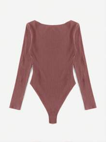 Solid Scoop Neck Ribbed Knit Bodysuit - 棕色 - 查看 2