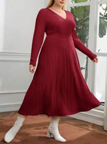 SHEIN Essnce Plus Size Women's Wrapped Neckline Cinched Waist Dress - Burgundy - View 3