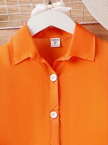 SHEIN 幼兒女孩春秋休閒街頭風格運動時尚酷襯衫與幾何印花吊帶連衣套裝 - 橘色 - 查看 5