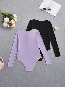 SHEIN 適合青少女穿著的運動街頭針織純色圓領長袖連身褲，2件裝 - 淡紫色 - 查看 2