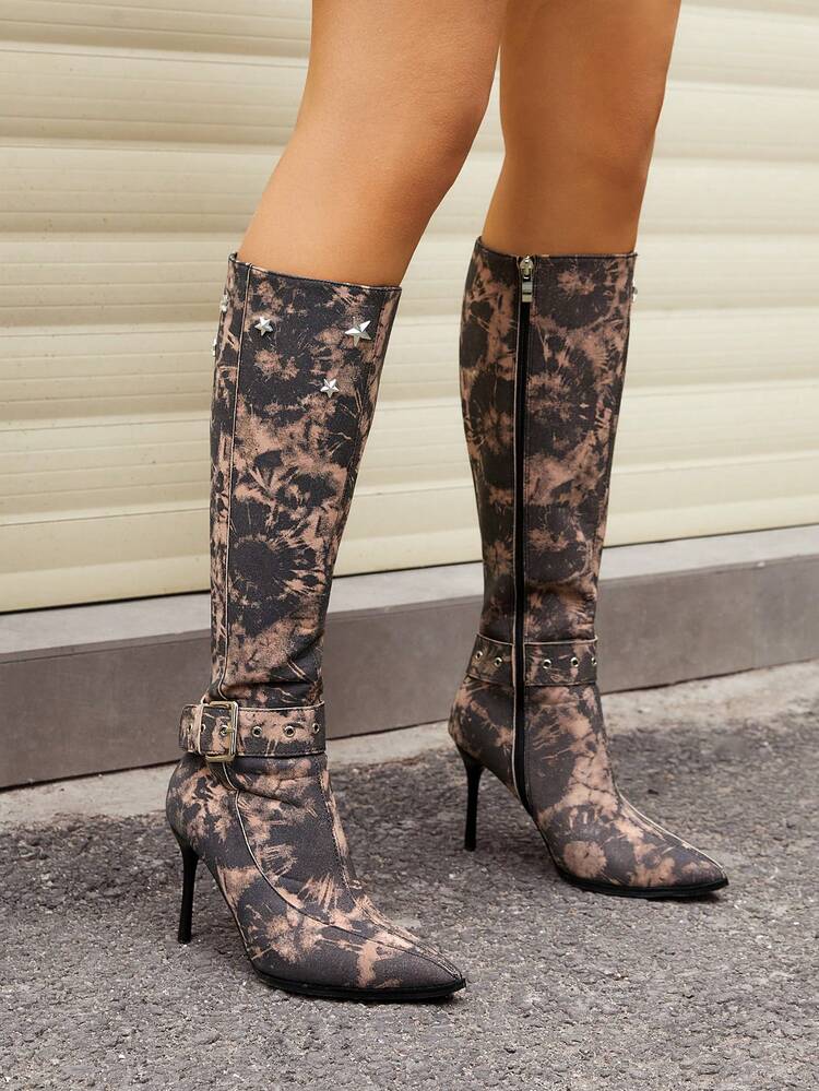 Star & Buckle Decor Knee-High Boots