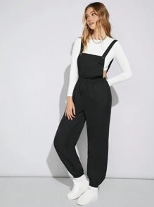 SHEIN EZwear Solid Color Jumpsuit With Suspenders - Black - View 4