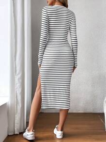 SHEIN LUNE 女士无袖彩色条纹紧身连衣裙 - 黑與白 - 查看 2