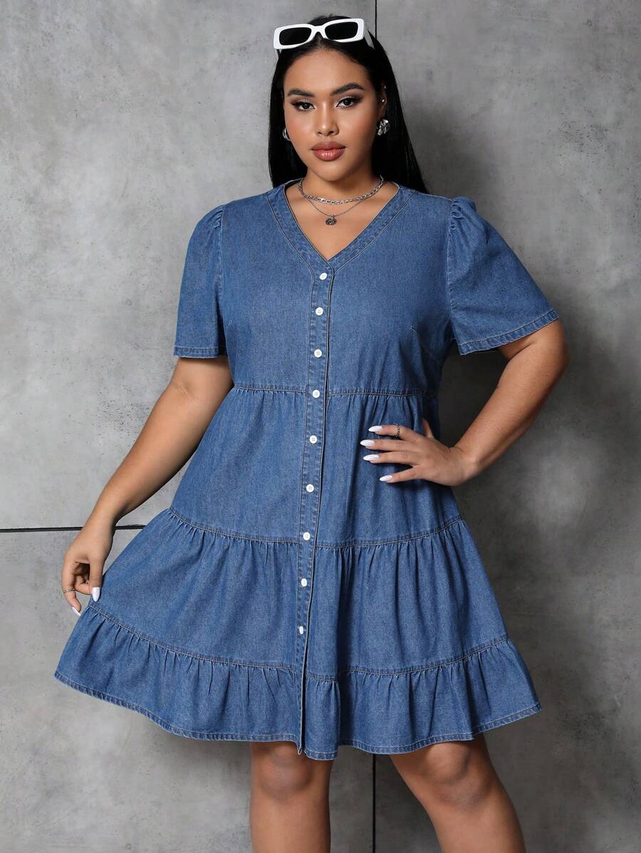 SHEIN EZwear Plus Size Denim Dress With Multiple Buttons, Pleats ...