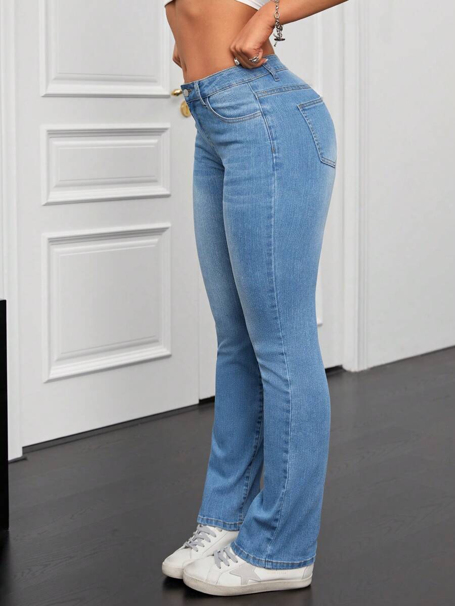 女用水洗效果緊身牛仔褲 - 中等水洗藍 - 查看 1