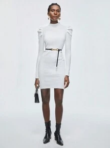 BizChic Vestido De Malha Com Gola Alta E Manga Leg-of-mutton Para Mulheres, Cor Sólida - Branco - Ver 3