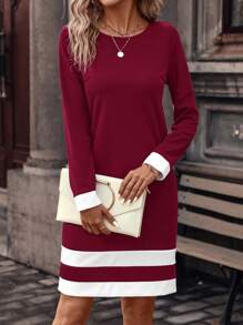 SHEIN Clasi Ladies' Color Block Striped Casual Dress - Burgundy - View 4