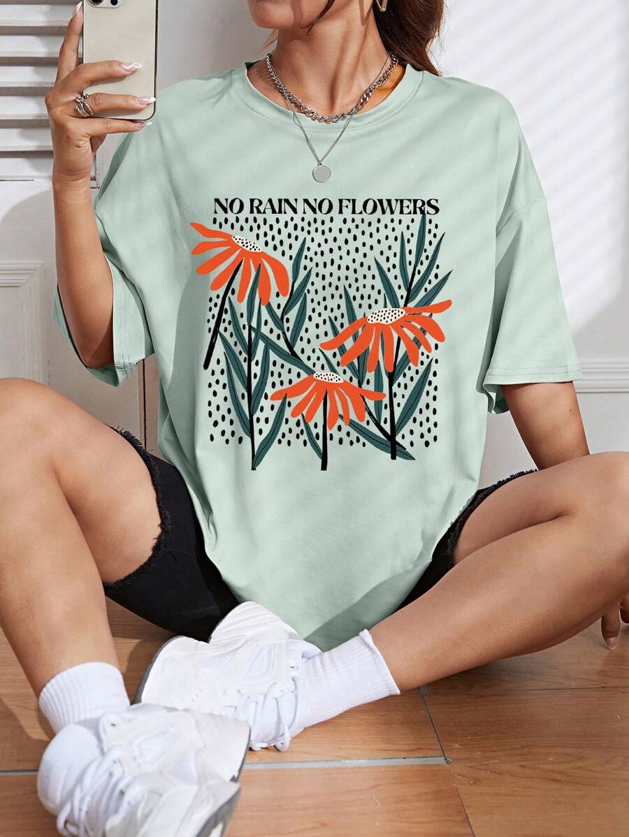 SHEIN EZwear 植物印花長款短袖t恤 - 薄荷綠 - 查看 1