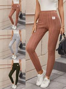 SHEIN LUNE 女款羅紋針織拼貼細部長高腰緊身褲 - 彩色 - 查看 1