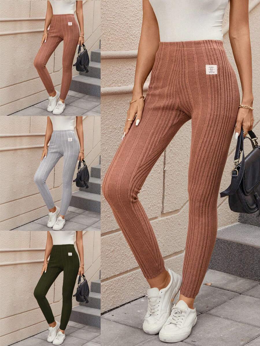 SHEIN LUNE 女款羅紋針織拼貼細部長高腰緊身褲 - 彩色 - 查看 1