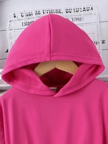 SHEIN Tween Girls' Long Hooded Sweatshirt With Drawstring - Hot Pink - View 7