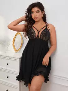 Váy ngủ Pyjama lưới ren gợi cảm cỡ lớn dành cho nữ - màu đen - Xem 1