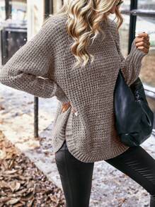 EMERY ROSE Turtleneck Sweater With Raglan Sleeves And Curved Hem - Dusty Purple - View 5