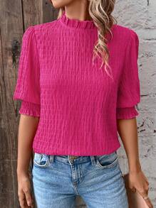 SHEIN Clasi Ladies' Textured Stand Collar Shirt - Hot Pink - View 1