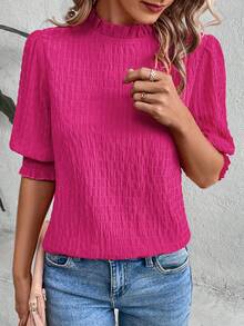 SHEIN Clasi Ladies' Textured Stand Collar Shirt - Hot Pink - View 4