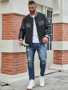 Manfinity Homme Męski Rozmiar Plus Wzór liter Rozpinane Swetry Z Pasiaste wykończenie I Guziki z przodu - Czarne - Zobacz 6