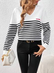 SHEIN Frenchy V-neck Striped Knitted Sweater With Letter Embroidery - Black and White - View 1