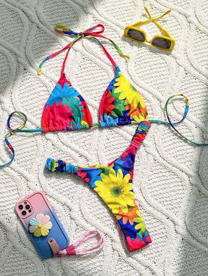 Swim Mod Summer Beach Flower Printed Two-Piece Bikini Set