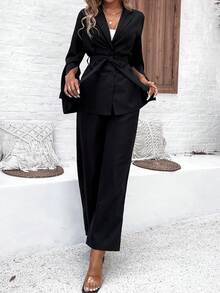 SHEIN Clasi 女士双排扣喇叭袖夹克和阔腿裤两件套 - 黑色 - 查看 3