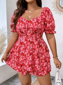 Celure 大码夏季甜心领泡泡袖花卉印花连体衣 - 紅色 - 查看 6