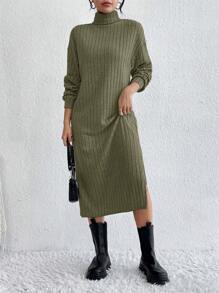 SHEIN Frenchy High Neck Long Sleeve Split Side Dress - Army Green - View 5