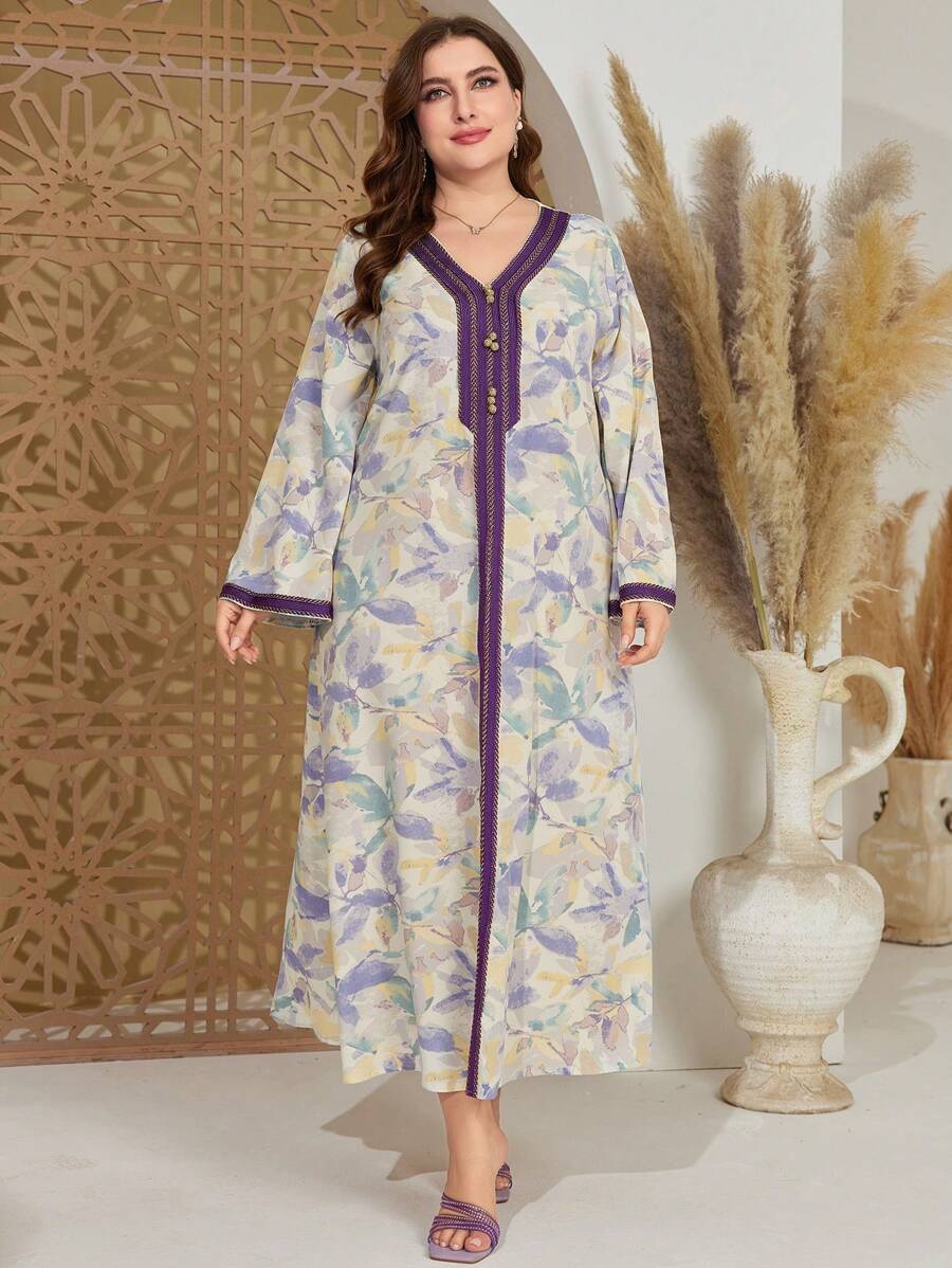 Al Najma 大尺碼女性花卉印花對比邊緣阿巴亞風格長袍連衣裙 - 彩色 - 查看 1