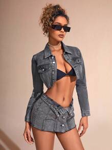 SHEIN BAE Fold Over Waist Mini Denim Skirt - Black - View 5