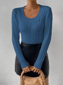 Chiquease Suéter de punto de cable de ajuste ceñido para mujer, para otoño e invierno - Azul - Ver 7