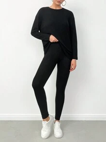 SHEIN Cottnline Women's Long Ribbed T-Shirt And Leggings 2pcs/Set - Black - View 1