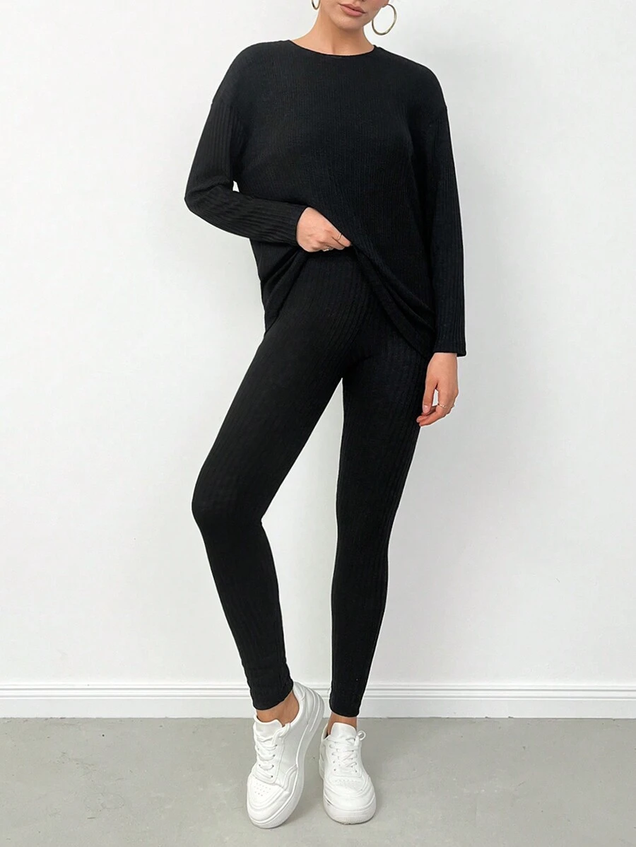 SHEIN Cottnline Women's Long Ribbed T-Shirt And Leggings 2pcs/Set - Black - View 1
