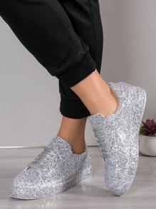 Men's Fashionable Lace-Up Sparkling Sequin Decor Flat Sneakers, Shiny Sport Shoes - Silver - View 5