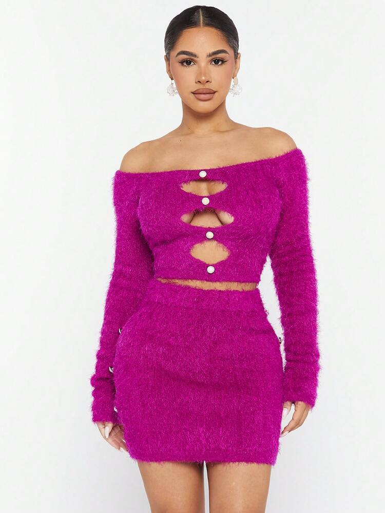 Fluffy Knit Cut Out Top & Skirt Set