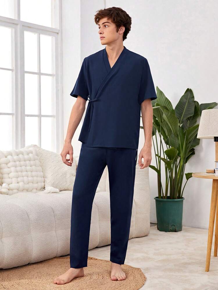 Teen Boys' Solid Color Loose Fit Casual Short Sleeve Top And Pants Set For Home Wear