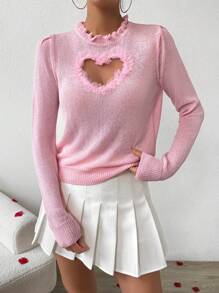 SHEIN Unity Áo len dài tay nữ có bèo nhún và viền trang trí, kiểu áo chui đầu dệt kim mùa thu đông. - Hồng - Xem 4