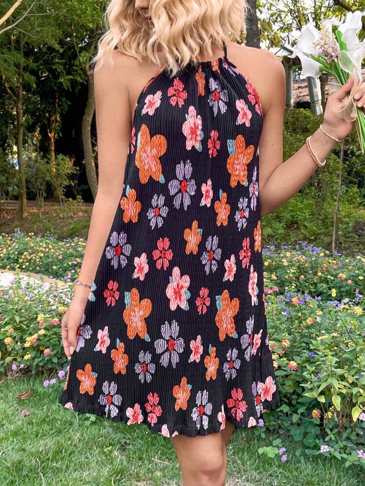 Women's Floral Print Holiday Halter Neck Dress