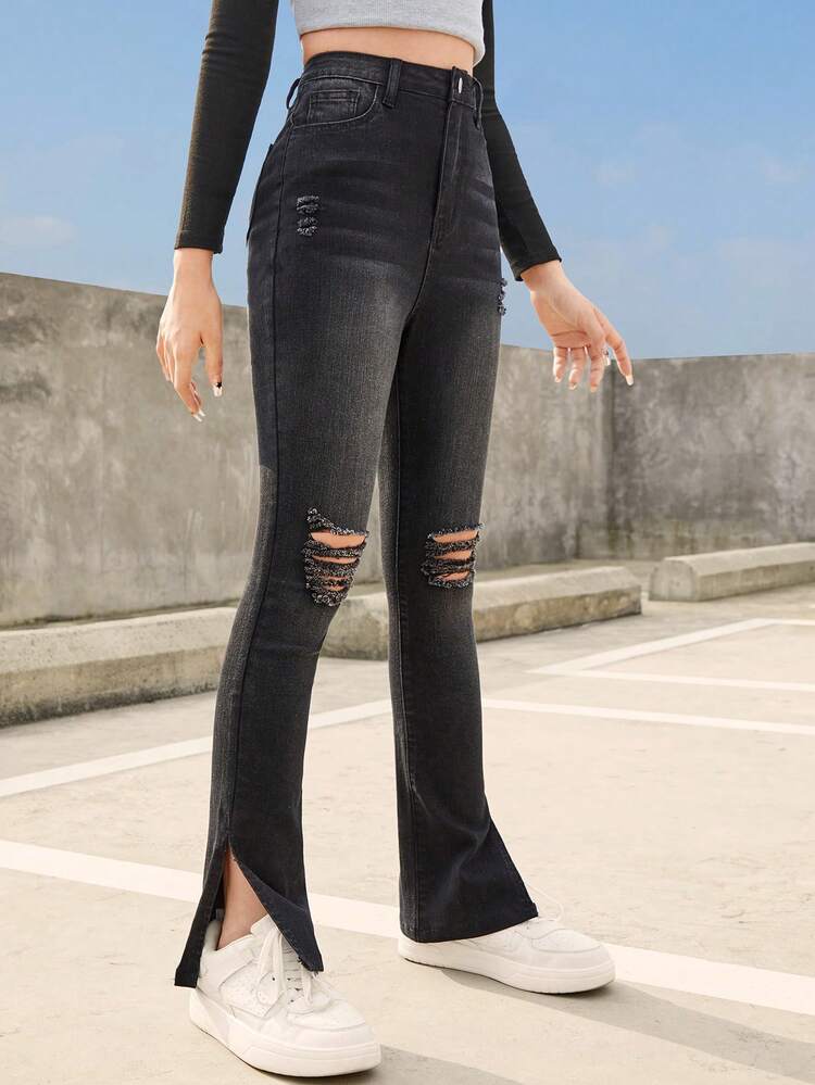 Y2K Teen Girls' Street Fashion Tight High Elasticity Comfortable Asymmetrical Ripped Black Flared Jeans
