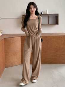 DAZY 女士纯色休闲两件套，返校季家居服套装