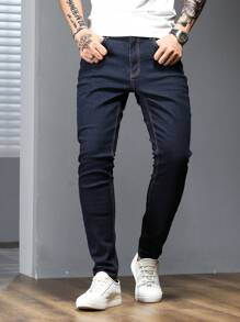 Manfinity Homme 男士大码口袋牛仔裤，纯色深蓝色修身长款深色洗水牛仔裤，洗水工装牛仔裤，适合送给丈夫、男朋友的礼物 - 藍色 - 查看 7