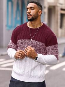 Manfinity Homme 男士色塊拼接圓領長袖毛衣 - 酒紅色 - 查看 5