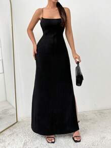 EURMUSE Women's Backless Halter High Slit Side Cami Dress - Black - View 5