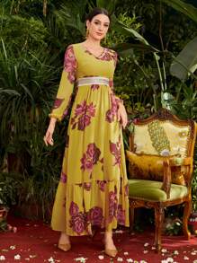 Divindia Women's Floral Print Lantern Sleeve Style Dress