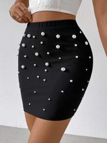 SHEIN Privé Falda Lápiz Negra De Cintura Alta Con Detalle De Drapeado Y Cuentas Para Mujeres, Ideal Para El Desplazamiento - Negro - Ver 5